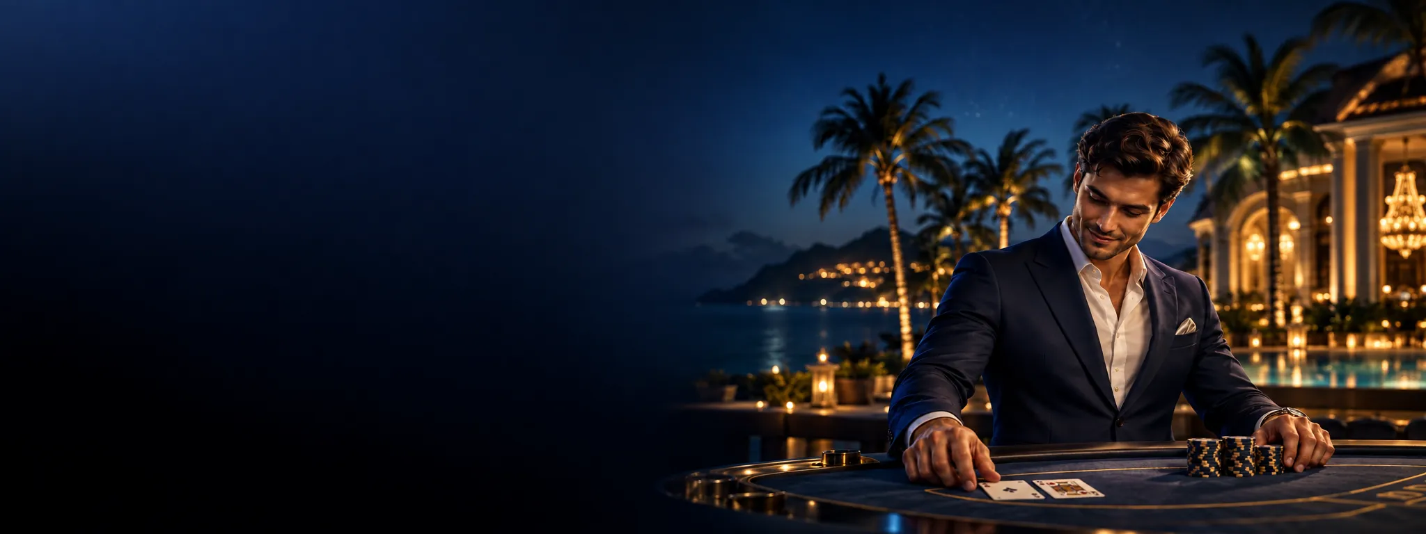 Dealer in a navy suit laying out blackjack cards at a seaside table at night, table games at Here2Win Casino