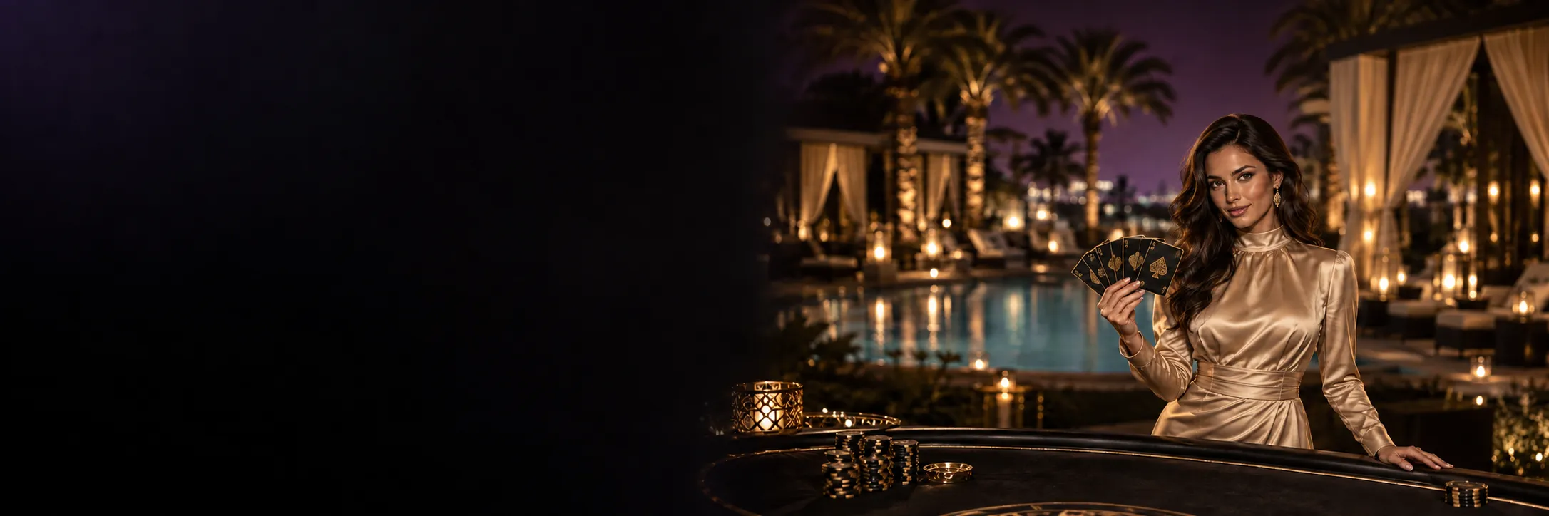 Woman in a champagne satin dress holding fanned playing cards at a Here2Win Casino table beside a palm-lined pool at night