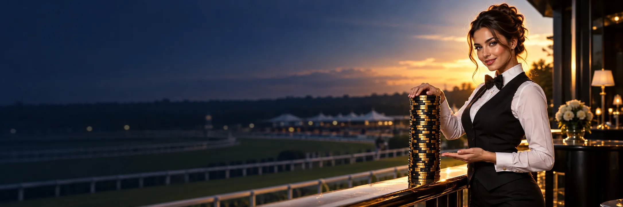 Croupier in a waistcoat and bow tie steadying a tall stack of black and gold chips on a racecourse balcony at dusk, Here2Win Casino