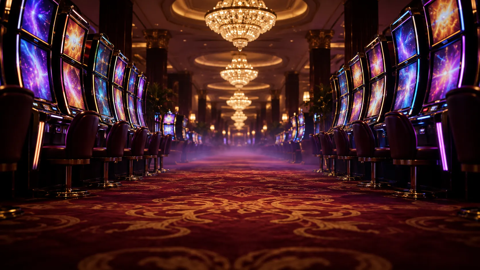 Here2Win Casino slot hall with rows of glowing machines under crystal chandeliers on a red patterned carpet