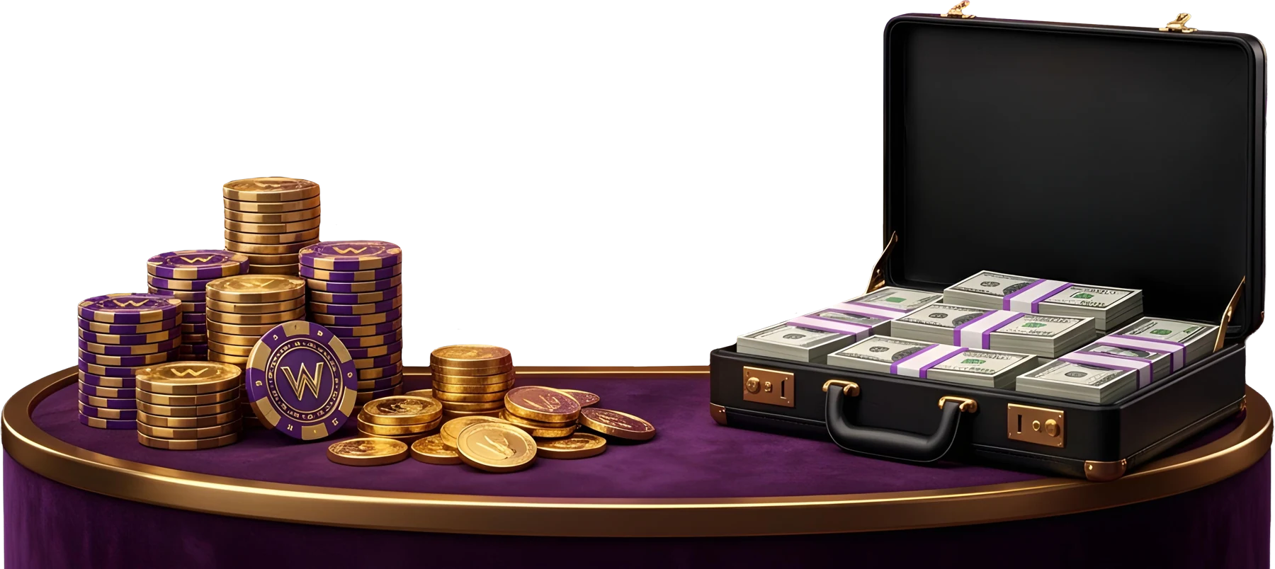 Purple and gold Here2Win Casino chips and coins beside an open case of banknotes
