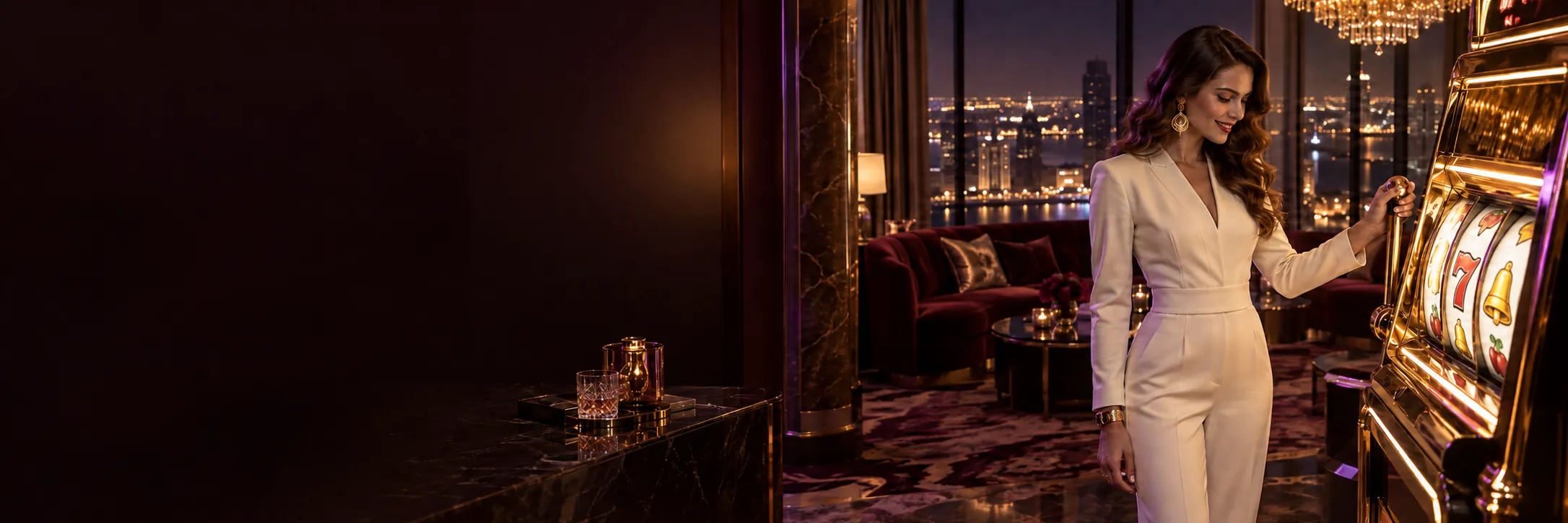 Woman in a cream jumpsuit at a golden slot machine in a penthouse lounge above a night skyline, Here2Win Casino