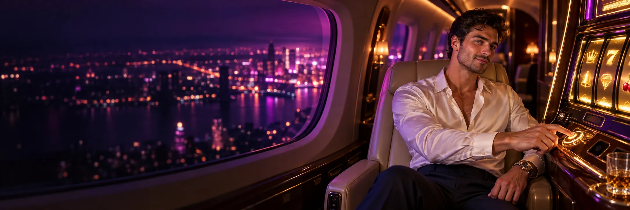 Play the pokies at Here2Win Casino, shown as a man pressing the button of a slot machine in a private jet cabin