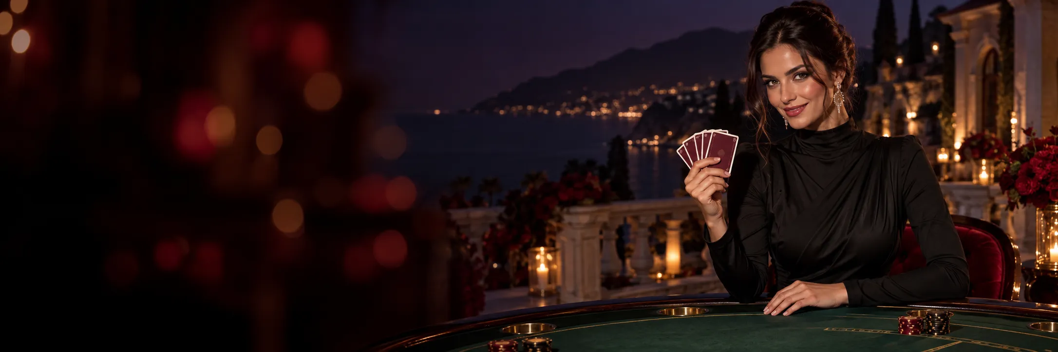 Woman holding fanned cards at a green blackjack table on a villa terrace above the sea, Here2Win Casino